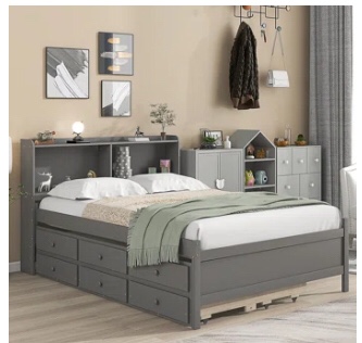 Benediktas Storage Bed, Full Bed with Bookcase, Bed Frames with Drawers(Incomplete Box 1/3)