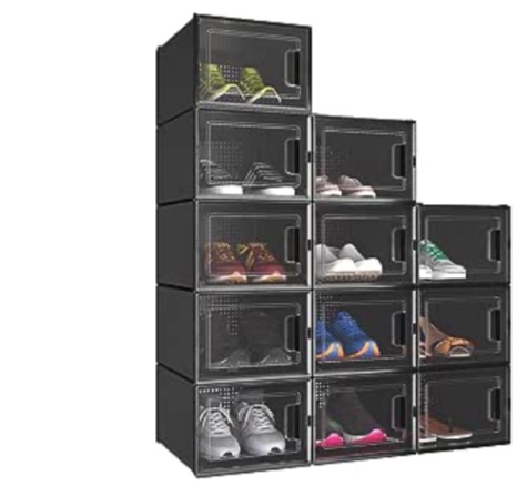 YITAHOME Shoe Box, Set of 12 Medium Size Shoe Storage Lightweight Plastic Organizers Stackable Shoe Storage Box Rack Drawers - Black