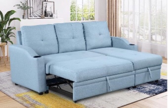 Merax 80.3'' Reversible Sleeper Sectional Sofa Couch with Pull-Out Sleeper, Corner Sofa Bed with Storage Chaise and Two Cup-Holders for Living Room Furniture Set (Blue)(Incomplete Box 2/2)