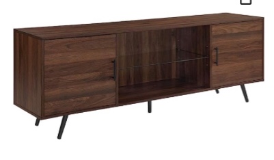 Walker Edison Saxon Mid Century Modern 2 Door Glass Shelf TV Stand for TVs up to 80 Inches, 70 Inch, Dark Walnut