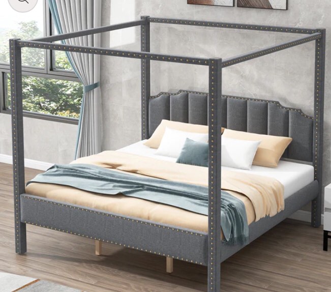 King Size Upholstery Canopy Platform Bed with Support Legs( incomplete box 1)