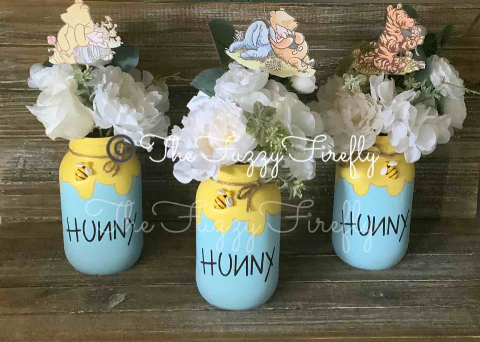 Honey Pot mason jar QUART SET centerpiece,Hunny pot decor,Bumble Bee baby shower,Mommy to bee baby shower centerpiece,baby bee,Pooh Baby Blue (SIMILAR TO STOCK PHOTO)