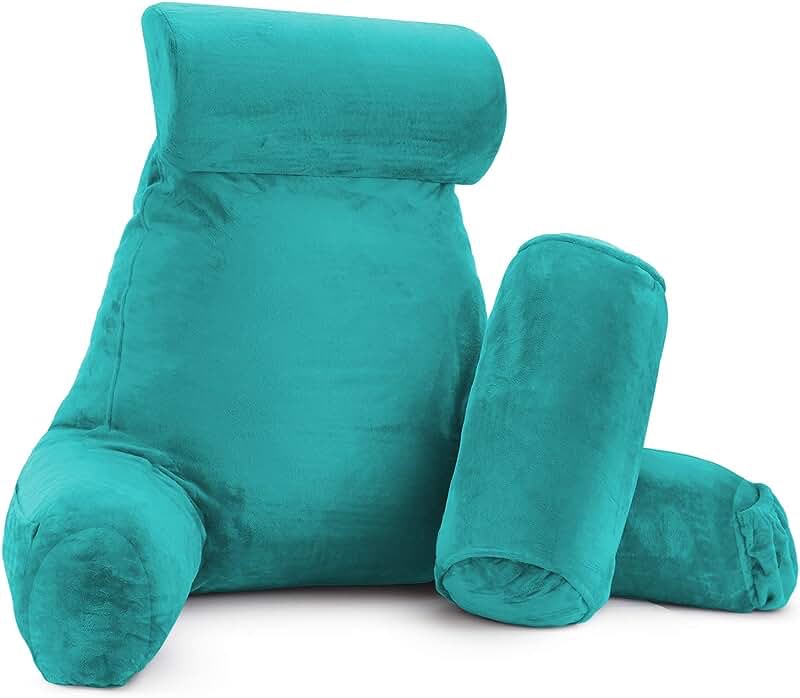 Clara Clark Reading Pillow Adult, Back Pillow for Sitting in Bed - Shredded Memory Foam Reading & Bed Rest Pillow with Arms and Pockets - Bed Pillows for Sitting Up in Bed - Large, Teal Blue