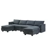 (incomplete box 3/4) JINS & VICO Modern Large U-Shape Sectional Sofa, Adjustable Sofa Bed with Reversible Chaise, Upholstered Sofa Set with Removable Ottoman, 6 Storage Seat Sofa for Living Room and Office