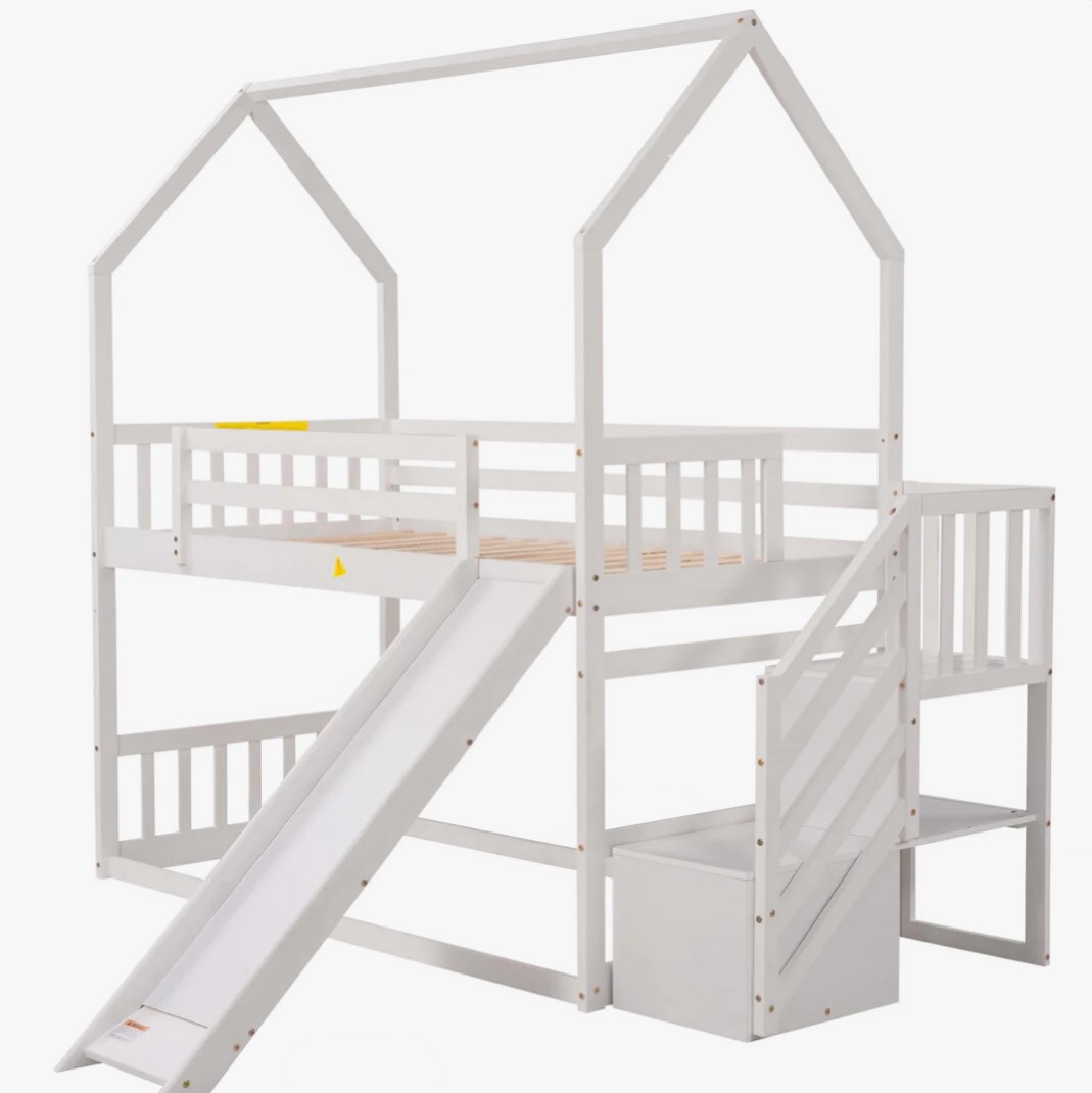 (incomplete box 1 of 2) Twin over Twin House Bunk Bed with Convertible Slide; Storage Staircase