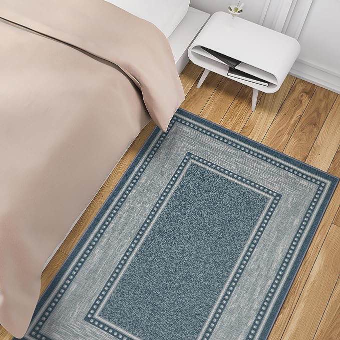 Machine Washable Bordered Design Non-Slip Rubberback 3x5 Traditional Area Rug for Living Room, Bedroom, Kitchen, 3'3" x 5', Blue