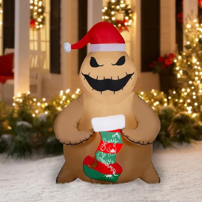 Christmas Inflatable Brown Burlap Oogie Boogie with Stocking & Santa Hat 5 Foot Air-Blown Inflatable Blow Up 