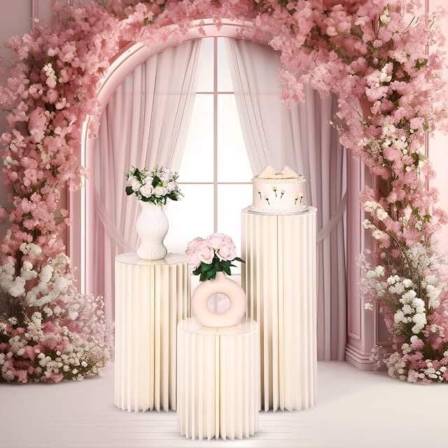 Nynelly Foldable Paper Columns Display Pedestals Stand, Cylinder Pedestal Stands for Party, Paper Roman Pillar for Wedding Birthday Party Decoration , 3 Packï¼Œ23.6" H+31.5'H+39.3" H,White