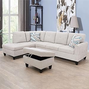 **INCOMPLETE** NOTOP Seater 3-Piece Corduroy L-Shaped Sectional Sofas, Button Tufted Upholstered Couch Set with Left Chaise Longue and Storage Ottoman