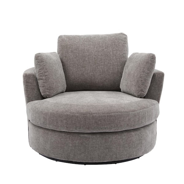 Merax 42.2 in. W Gray Chenille Swivel Accent Barrel Chair Oversized Arm Chair with 3 Pillows