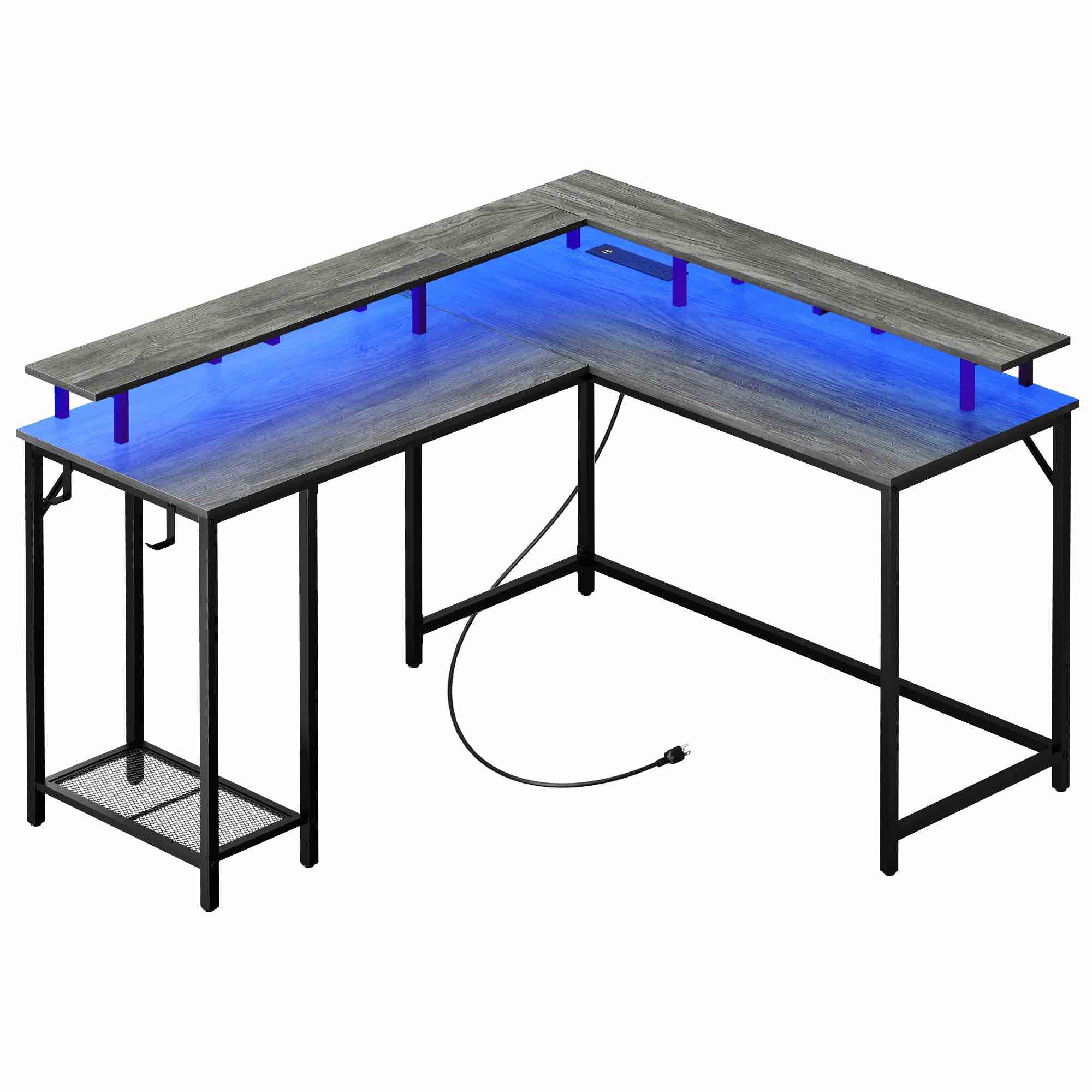 SUPERJARE L Shaped Gaming Desk with Power Outlets & LED Lights, Computer Desk, Gray, 7933HC