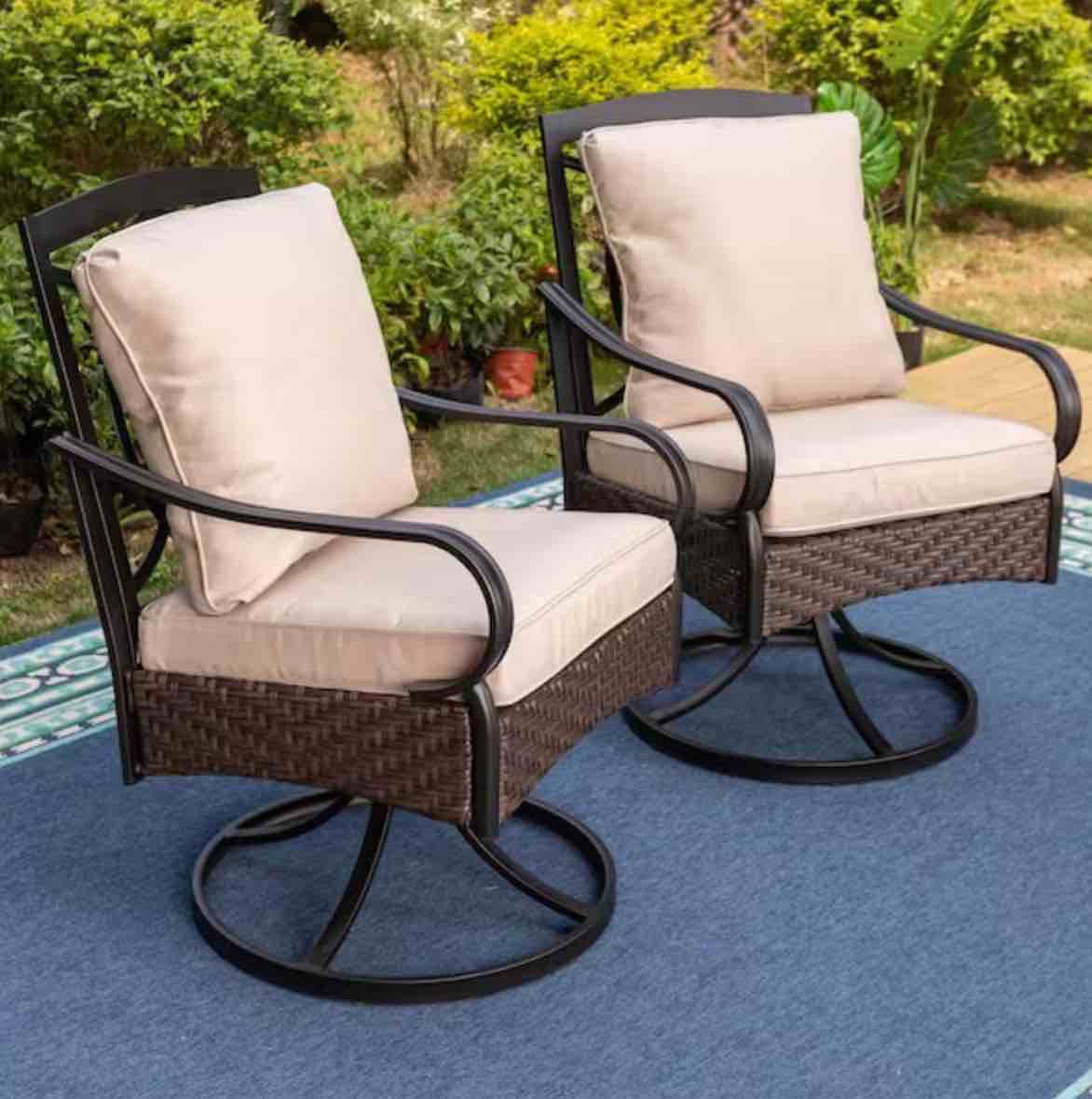 PHI VILLA Metal and Wicker Outdoor Patio Swivel Lounge Chair with Beige Cushions (2-Pack)