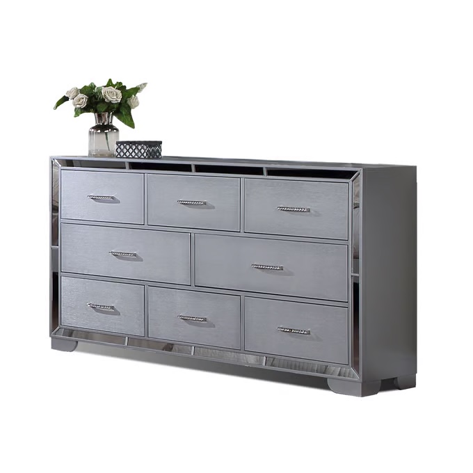 Bella Esprit 52633-DR 64 in. Mirrored Trim 8 Drawers Dresser, Silver