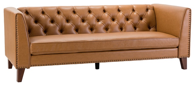 **INCOMPLETE**SFYJH0385-CAMEL-A 83" Classic Transitional Sofa With Vegan Leather, Camel / INCOMPLETE / BOX 1 OF 2 ONLY