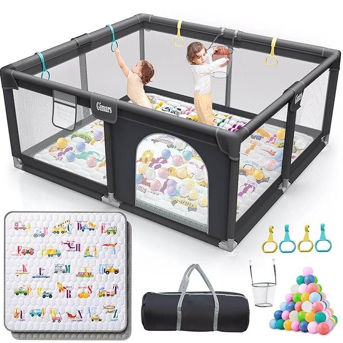 Gimars Upgraded 320D Washable Baby Playpen with Padding Mat, 6in1 Bump-proof Playpen for Toddlers, Sturdy & Safe Playpen with Padded Cotton Top Rod for Protecting Baby, Baby Play Yard with Zipper Gate