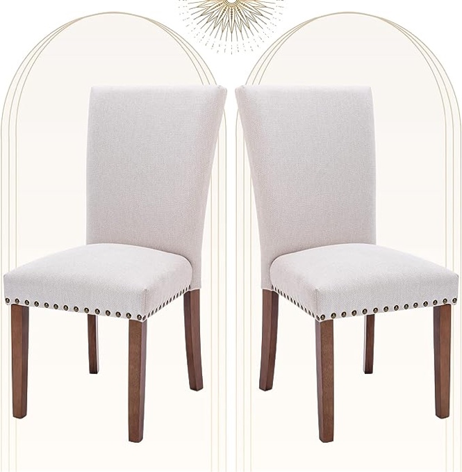 COLAMY Upholstered Parsons Dining Chairs Set of 2, Fabric Dining Room Kitchen Side Chair with Nailhead Trim and Wood Legs - Beige