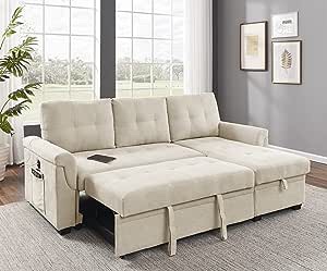 uhome Upholstered Sleeper Sofa with USB Ports sectional Couch Reversible Sofabed, Full XL, Beige