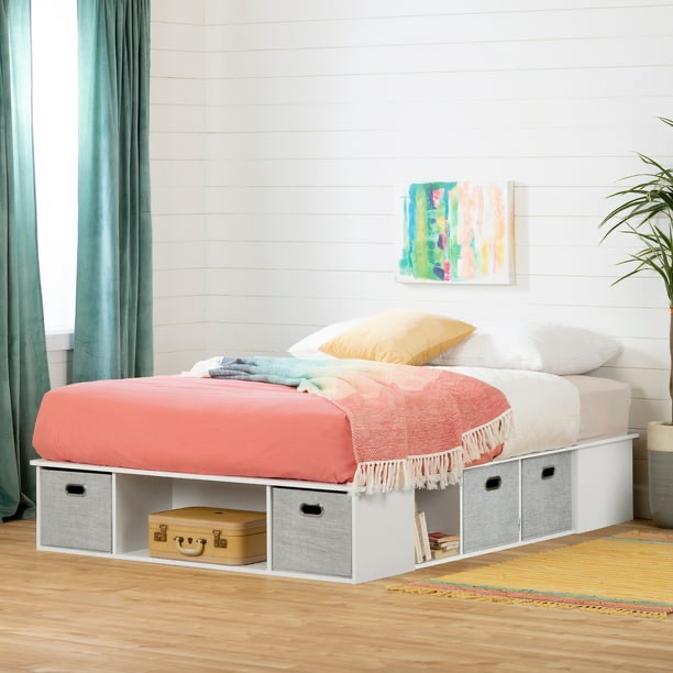 Queen South Shore Flexible Contemporary Platform Bed with Storage and Baskets, Queen, Pure White (Incomplete)