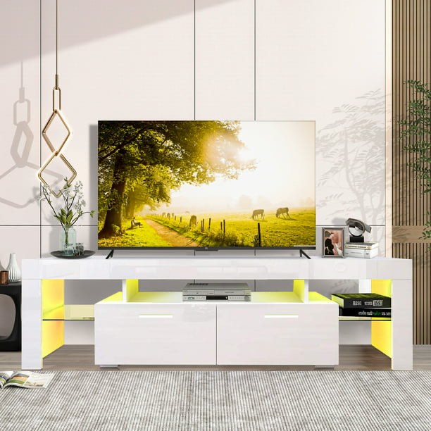 White TV Stand for 70 Inch TV, Modern High Glossy TV Cabinet with Remote Control 16 Colors LED Lights, Living Room TV Console Table with Storage Drawers and Shelves, Entertainment Center, 63"x14"x18"