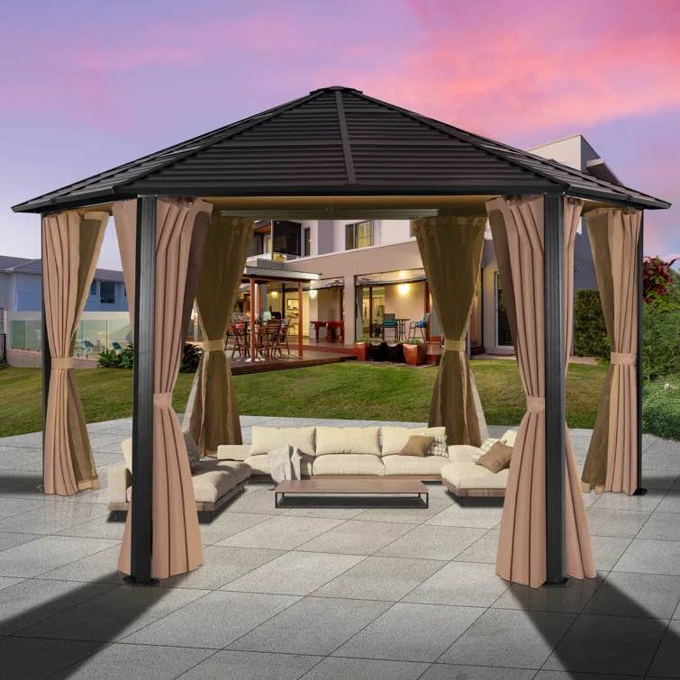 13. W x 13. D Aluminum Galvanized Hardtop Hexagonal Patio Gazebo with Netting & Curtains