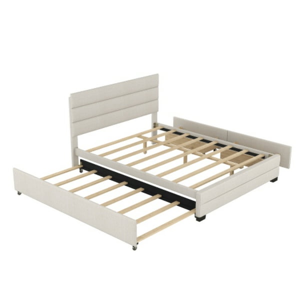 Queen Upholstered Platform Bed with Trundle and Two Drawers, Beige Upholstered INCOMPLETE ( box 1 of 2 )