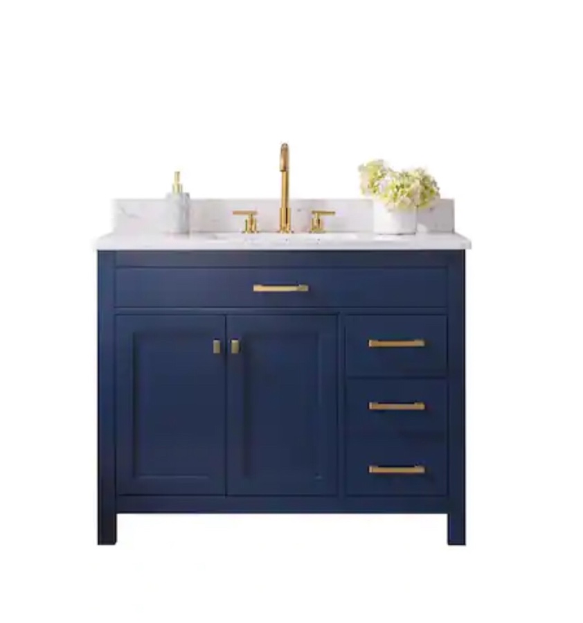 Jasper 42 in. W x 22 in. D Bath Vanity in Navy Blue with Engineered Stone Vanity Top in Carrara White with White Basin