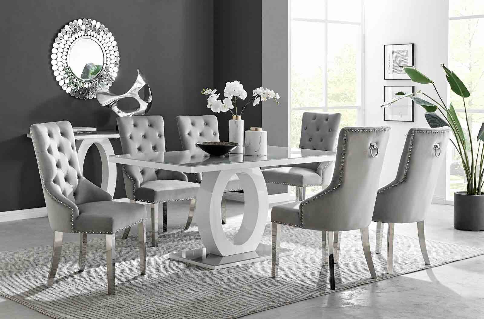 GIOVANI White Gloss Grey Glass Dining Table & 6 Knockerback Belgravia Chairs INCOMPLETE ( box 1 and 3 of 3)  ( base only) 