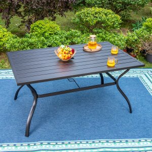 PHI VILLA Black Slat Rectangle Metal Patio Outdoor Dining Table with 1.57 in. Umbrella Hole (Incomplete top only)