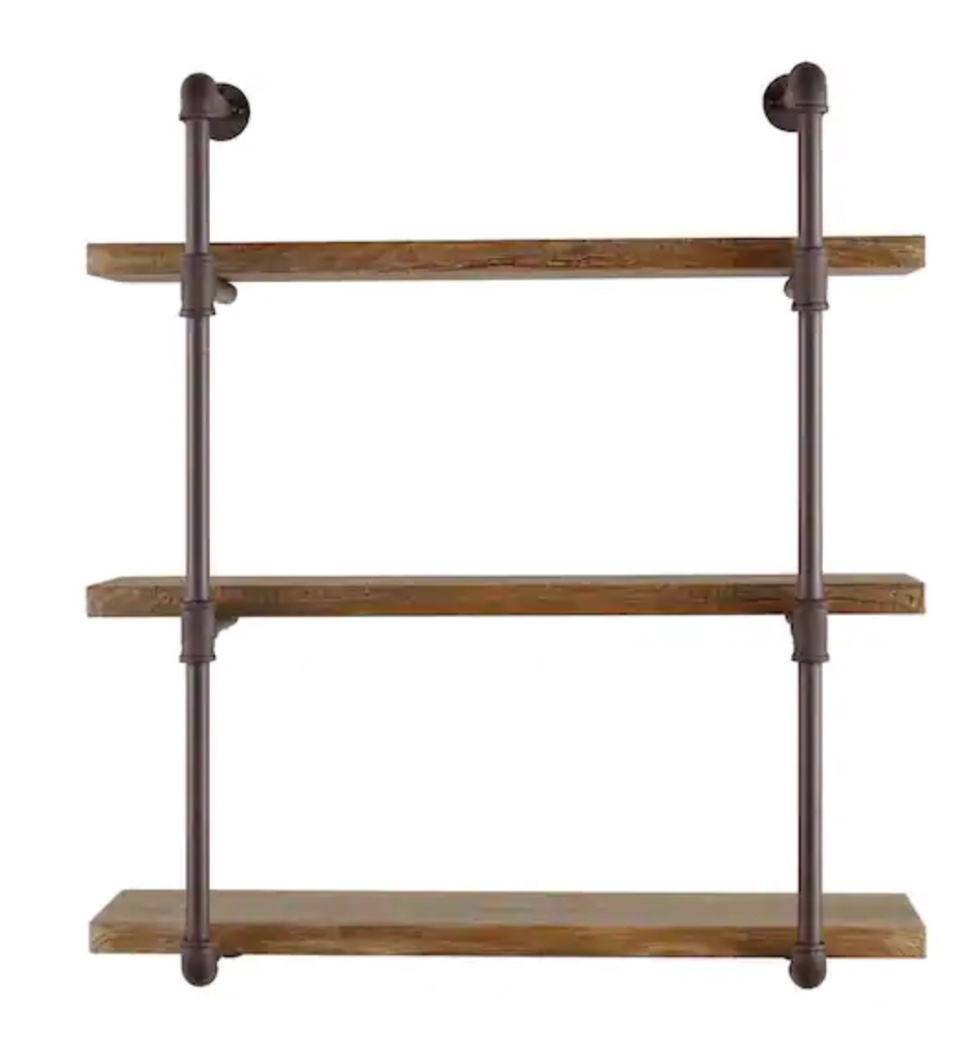 Urbanne Industrial Aged 3-Tiered Wood Print MDF and Metal Pipe Floating Wall Shelf