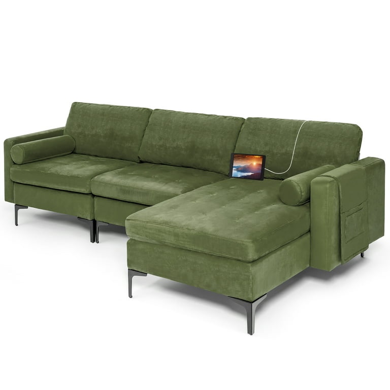 Costway Modular L-shaped Sectional Sofa w/ Reversible Chaise & 2 USB Ports Army Green (incomplete)