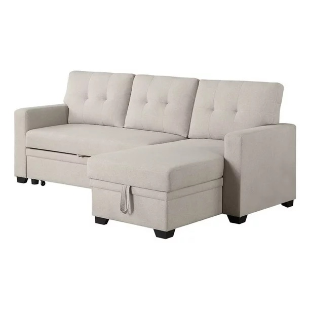 Devion Furniture Polyester Fabric Reversible Sleeper Sectional Sofa-Beige (incomplete, reversible sofa with pull put bed)