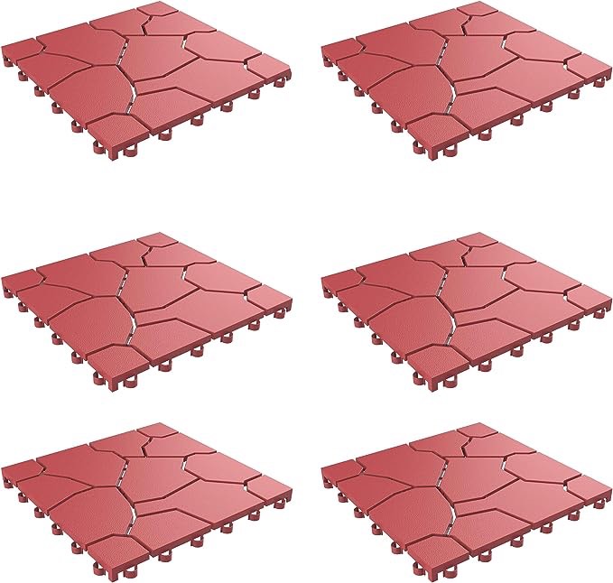 Pure Garden 50-LG1172 Set of 6 Interlocking Look Patio Tiles, Brick Red, 6 Count