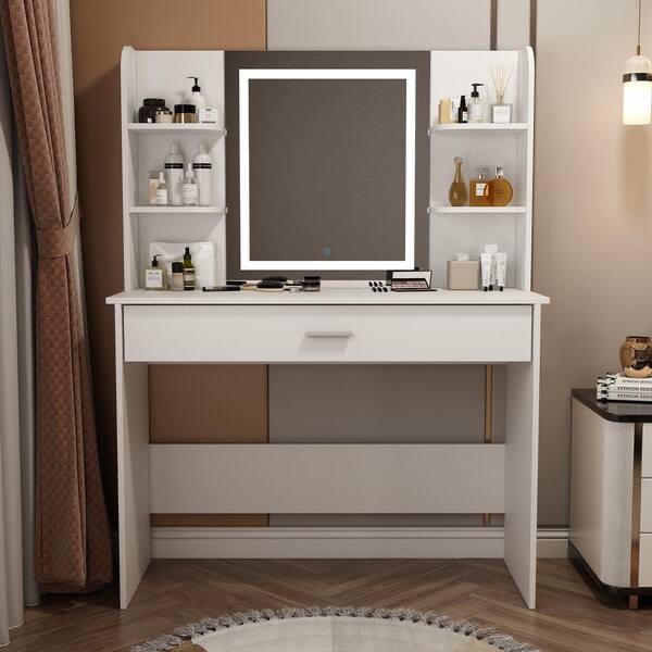 White Dresser LED Color Change Mirror Makeup Dressing Table With Drawer, Stool (56.1 H x 42.4 W x 15.7 D inch)
