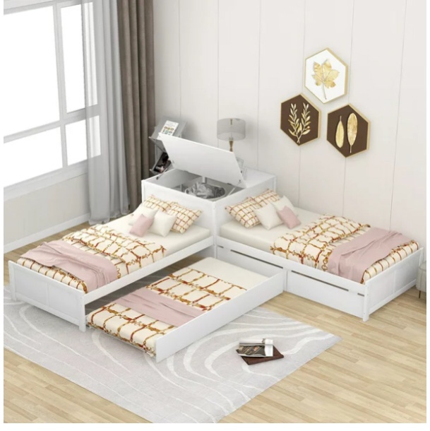 L-Shaped Platform Bed, Twin Size Platform Bed Frame with Trundle and Drawers Linked with Built-in Flip Square Table, Wood Twin Corner Bed Frame (Incomplete Box 3/3)