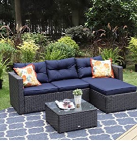 PHI VILLA Patio Sectional Clearance Wicker Rattan Small L-Shaped Outdoor Furniture Sofa Set with Upgrade Rattan (3 Piece,Blue)(Incomplete Box 1)