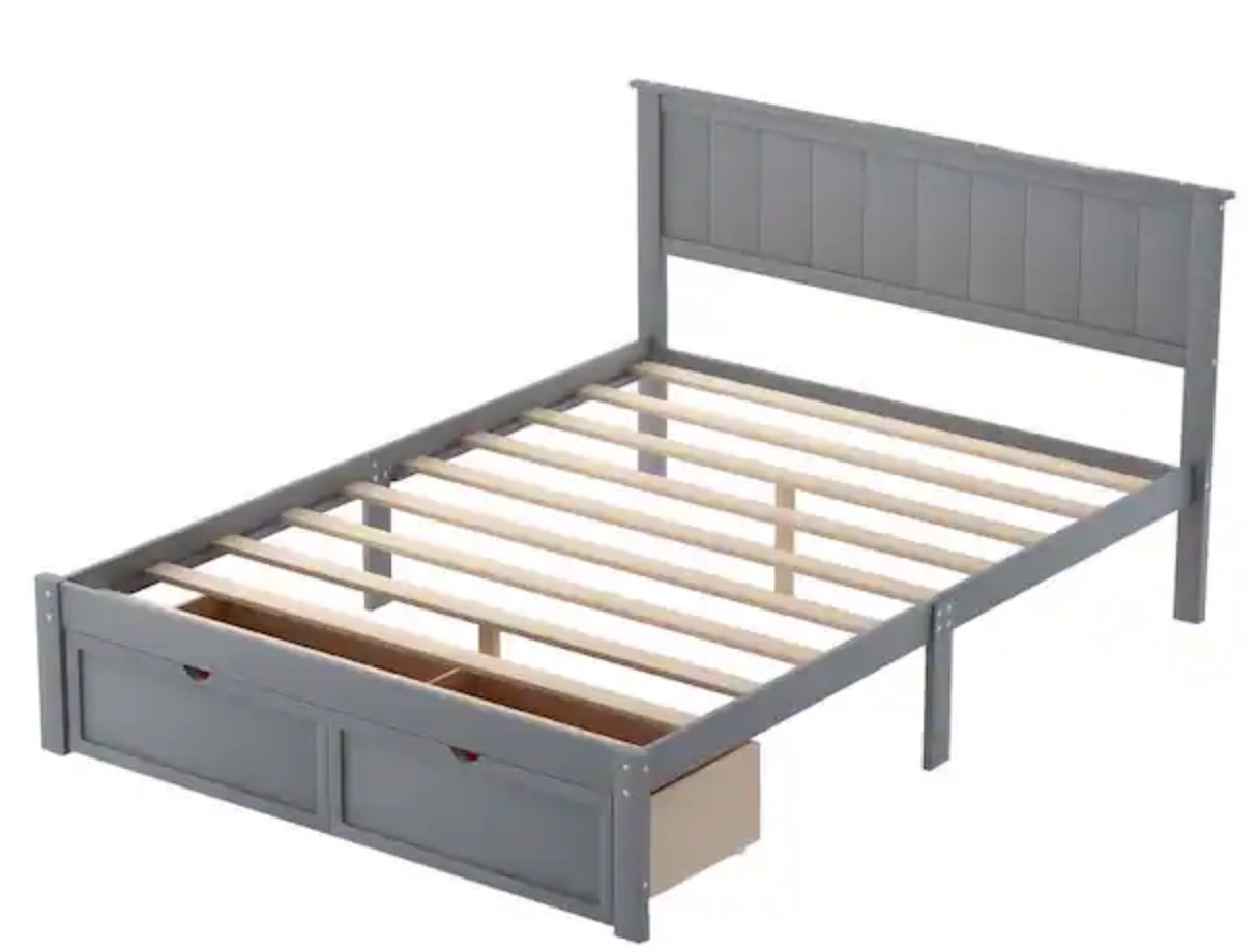 76 in. W Gray Full Size Platform Bed with Under Bed Drawers