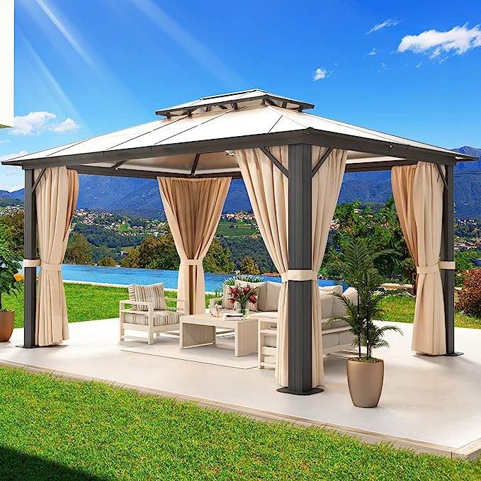 Aoxun Hardtop Gazebo, Outdoor Polycarbonate Double Roof Aluminum 10'x 13' Gazebo with Netting and Curtains for Deck Backyard Wedding Garden