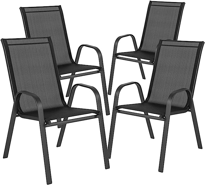 Flash Furniture 4 Pack Brazos Series Black Outdoor Stack Chair with Flex Comfort Material and Metal Frame 