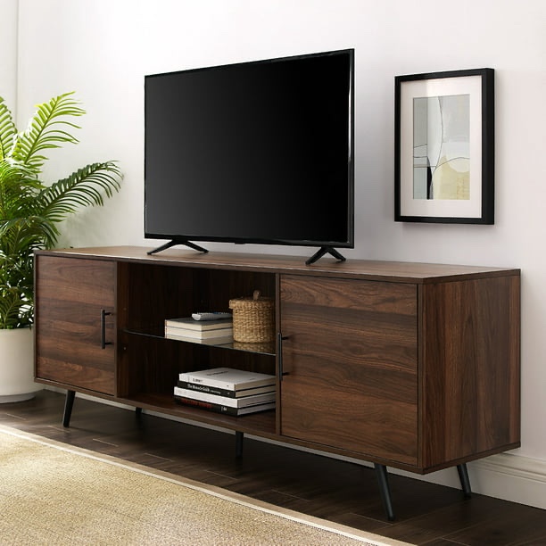 Desert Fields Thea Mid-Century Two-Door TV Stand for TVs up to 80", Dark Walnut(Incomplete Box 2/2)