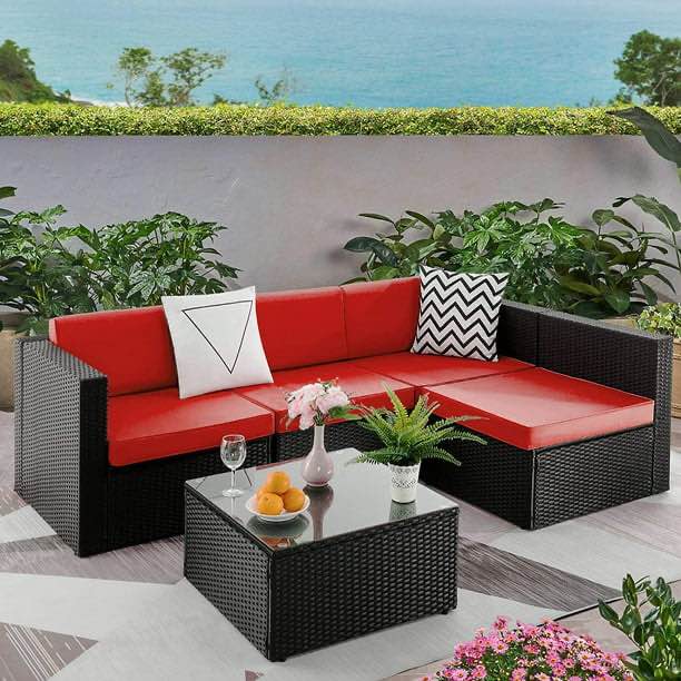Waleaf 5 Pieces Outdoor Furniture Rattan Sectional Patio Sofa(Incomplete Box 2)