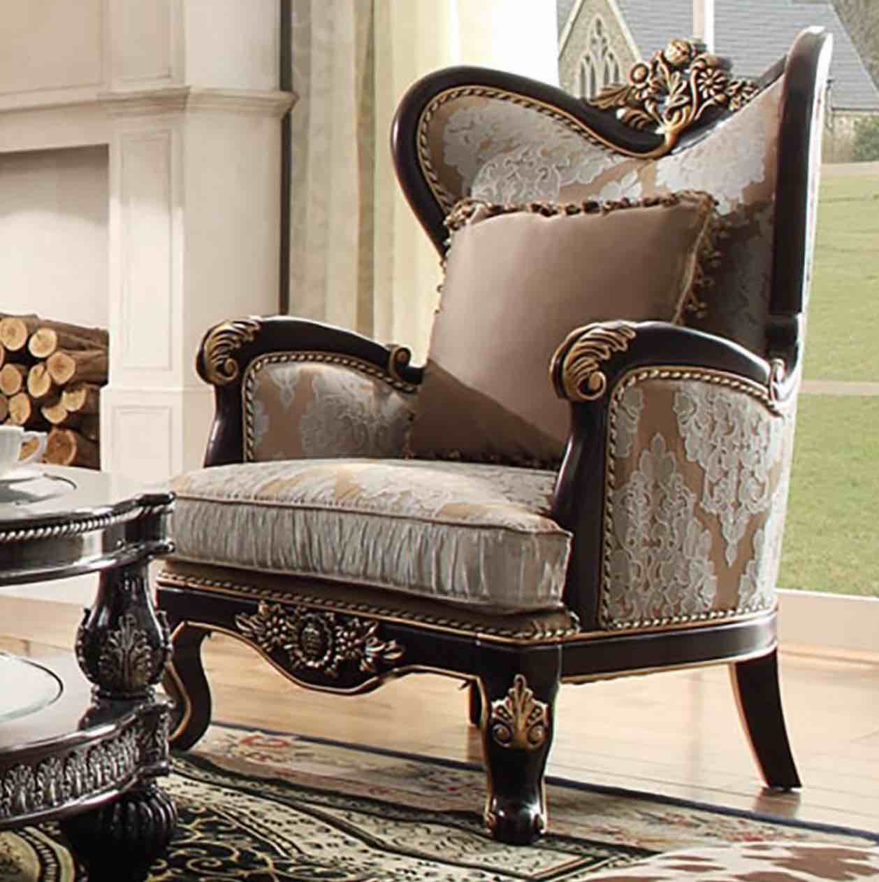Black Enamel & Antique Gold Finish Traditional Armchair Homey Design HD-551  (Damaged)