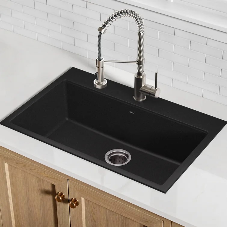 31 inch L Dual Mount Single Bowl Granite Kitchen Sink w/ Topmount and Undermount Installation in Black Onyx
