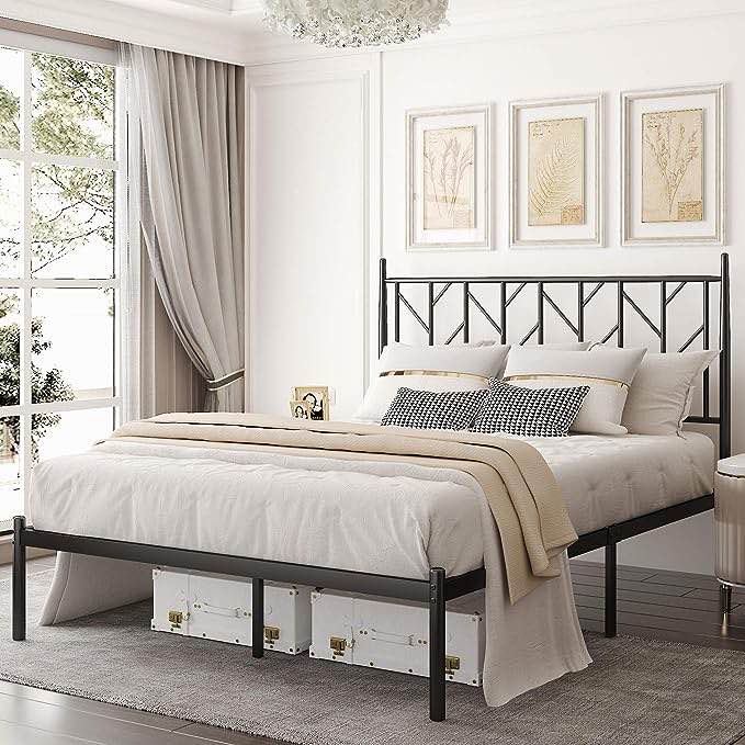 Allewie Queen Size Platform Bed Frame with Vintage Headboard, 14 Inches Metal Mattress Foundation for Storage, No Box Spring Needed, Easy Assembly, Modern, Black (Incomplete box 2)