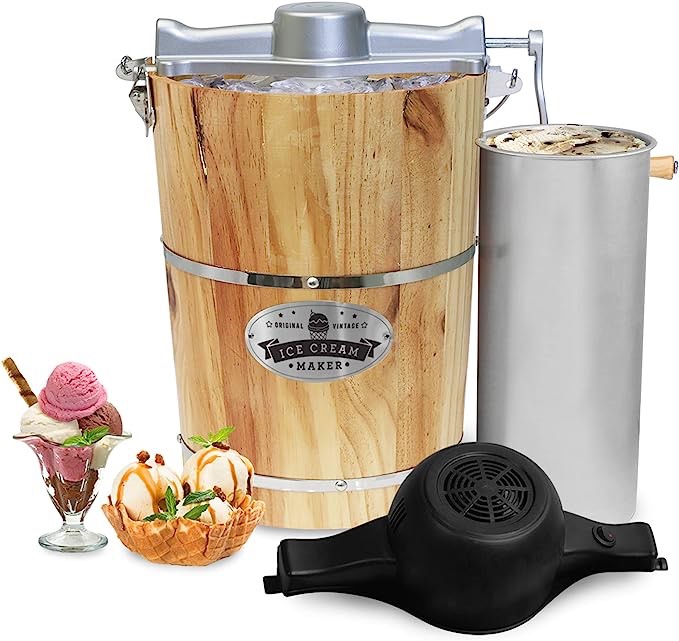 Elite Gourmet Old Fashioned 6 Quart Vintage Wood Bucket Electric Maker Machine Appalachian, Bonus Classic Die-Cast Hand Crank, Uses Rock Salt Churns Ice Cream in Minutes, Black