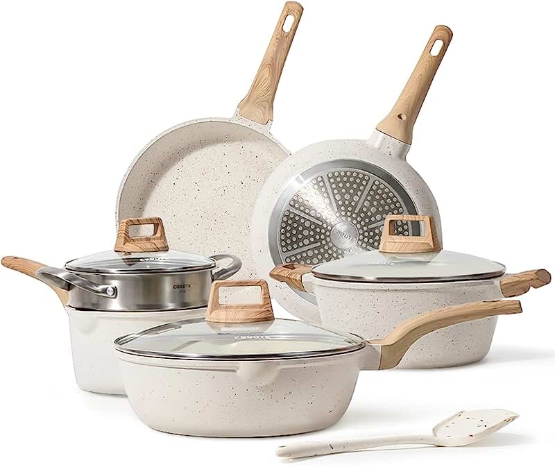 CAROTE Pots and Pans Set Nonstick, White Granite Induction Kitchen Cookware Sets, 10 Pcs Non Stick Cooking Set w/ Frying Pans & Saucepans(PFOS , PFOA Free)