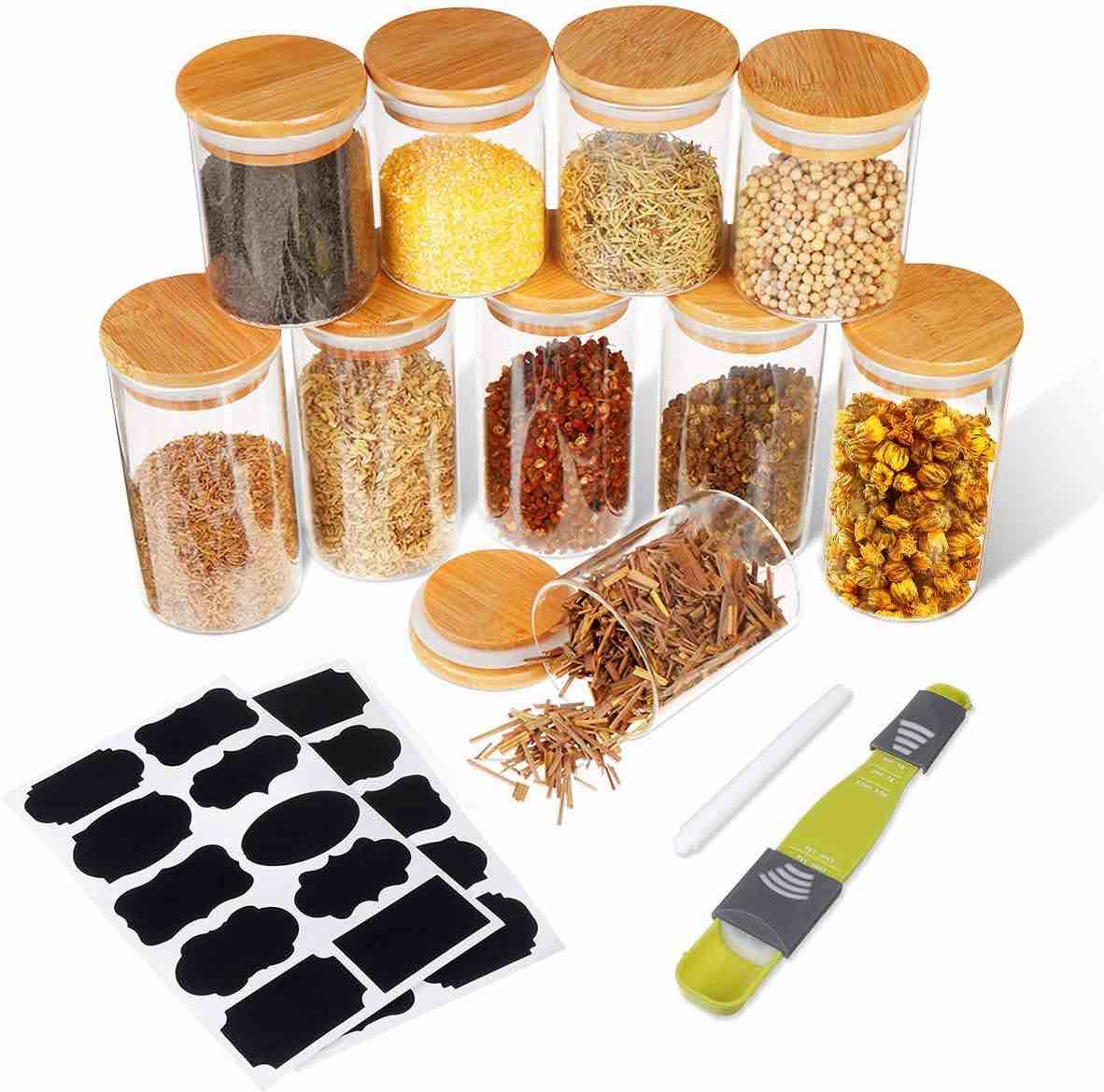 SAWAKE Glass Jars with Bamboo Lids, (10oz + 6.7oz) 10 Piece Airtight Canisters Set for Kitchen Pantry Organization, Clear Glass Food Storage Containers for Tea, Herbs, Spice, Salt