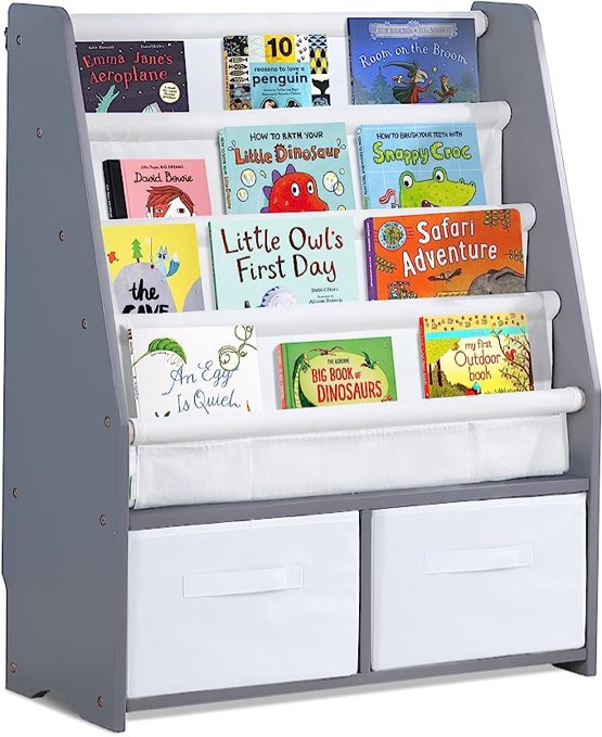 MallBest Childrens Bookshelf Kids Sling Book Rack with Two Storage Boxes and Toys Organizer Shelves Natural Solid Wood Baby Bookcase