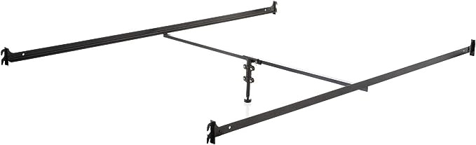MALOUF, Black Hook-on Metal Bed Rails with Center Bar and Adjustable Height Support Foot, Queen