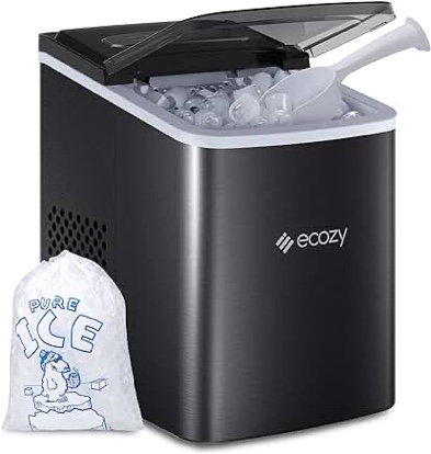ecozy Portable Ice Maker Countertop, 9 Cubes Ready in 6 Mins, 26 lbs in 24 Hours, Self-Cleaning Ice Maker Machine with Ice Bags/Standing Ice Scoop/Ice Basket for Kitchen Office Bar Party, Black