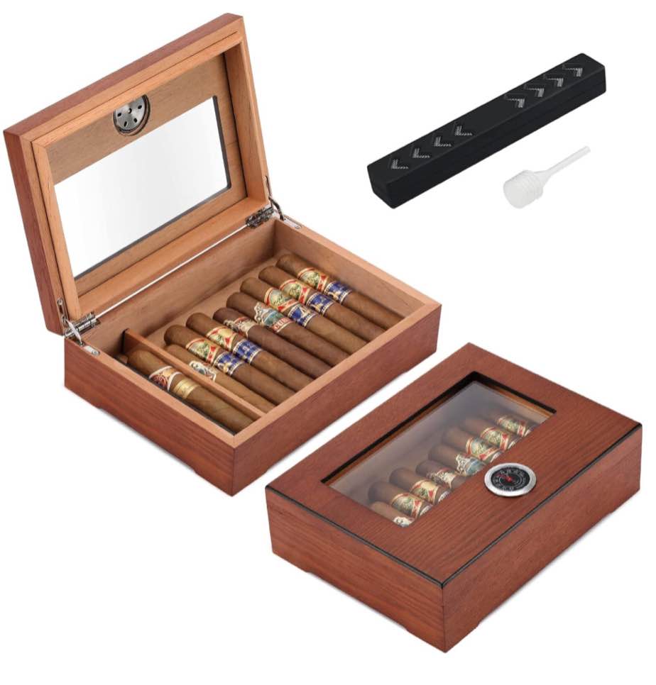 YUICHH Cigar Humidors Humidor Cigar Box, Cigar Humidor Glass Top Humidor with Hygrometer Humidifier and Divider, Cigar Box Humidifier Holds 25-30 Cigars Cedar Wood Desktop Humidor Cigar Accessories